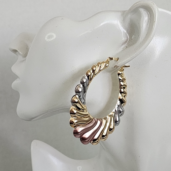 Gold Filled Tri Color Plated Scalloped Hollow Hoop Earrings - Picture 3 of 6